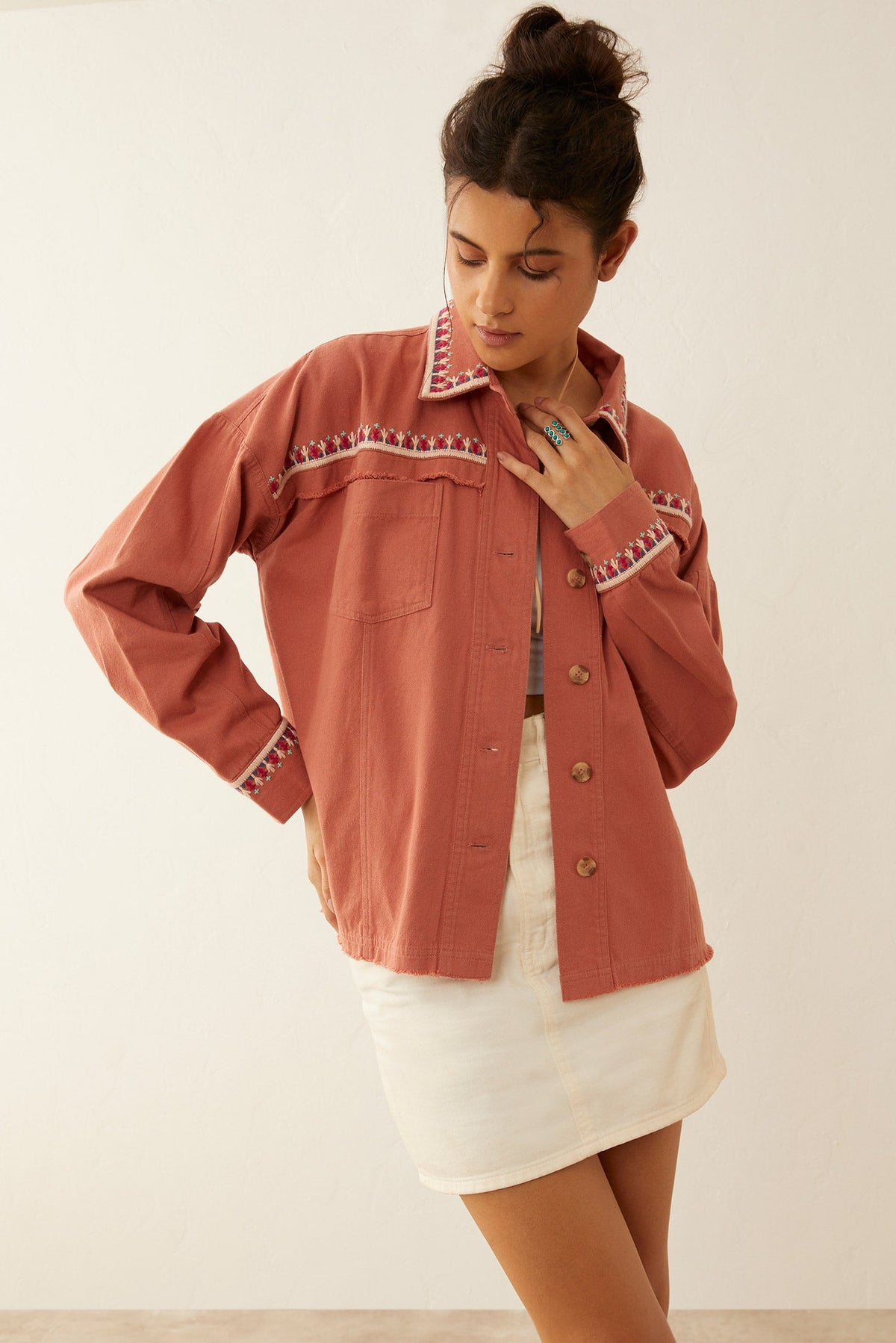 Myra USA True Delight embroidered jacket featuring intricate embroidery and stylish design, perfect for casual wear.