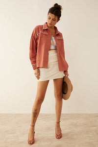 Myra USA True Delight embroidered jacket with intricate floral embroidery, stylish casual apparel for women.