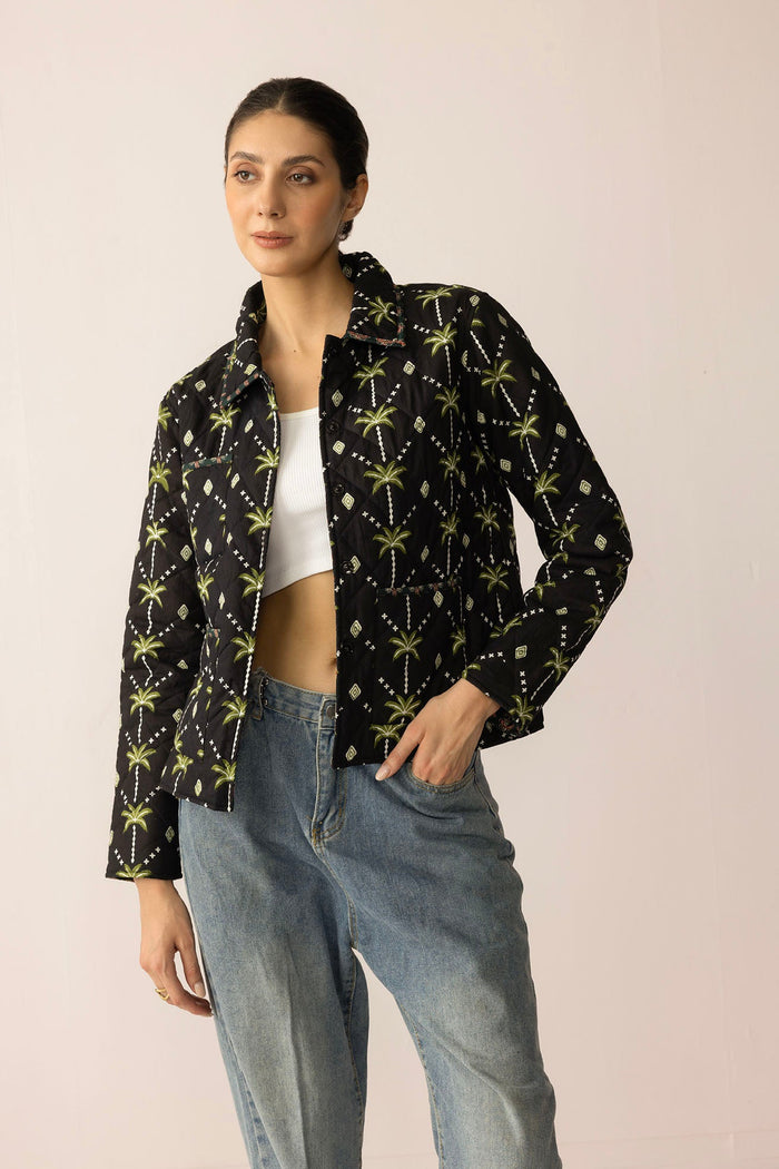 Myra USA Everglade Dreams cotton jacket in midnight black and green, shown in a close-up of the stylish jacket details.