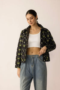 Myra USA Everglade Dreams cotton jacket in midnight black and green, lightweight outdoor jacket with a stylish design.
