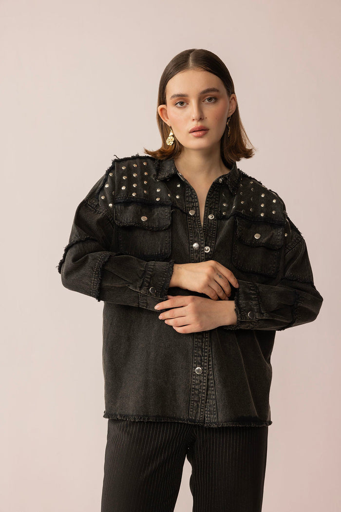 Black washed Pearl Dust Jacket by Myra USA, showcasing a stylish jacket with textured fabric and subtle pearl accents.