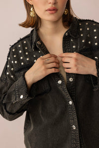 Black washed Pearl Dust Jacket by Myra USA, lightweight jacket with a stylish, textured finish and subtle pearl accents.