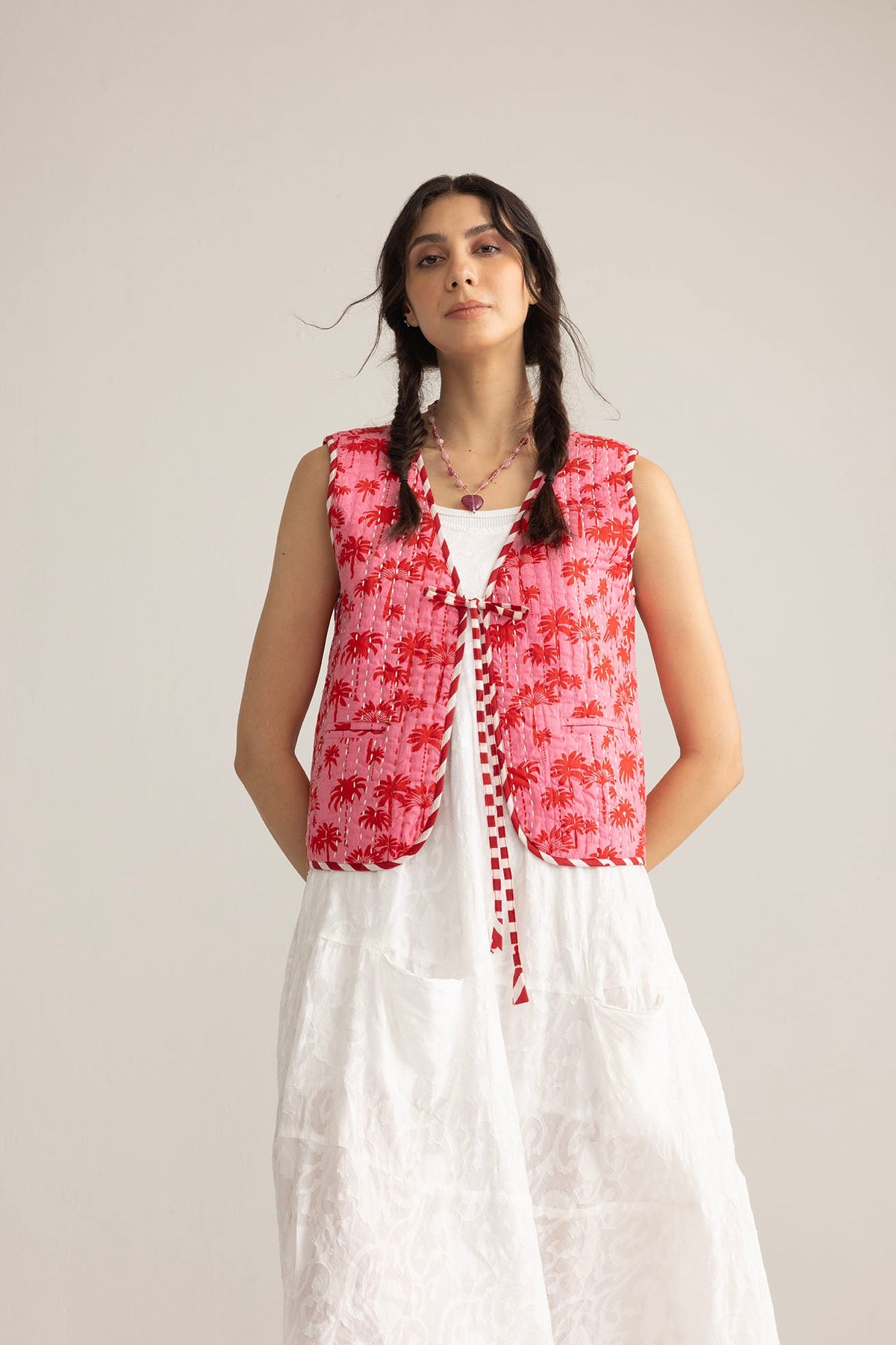 Myra USA Bohera Sunset Palms cotton jacket in blush pink, featuring palm leaf print and a casual, lightweight design.