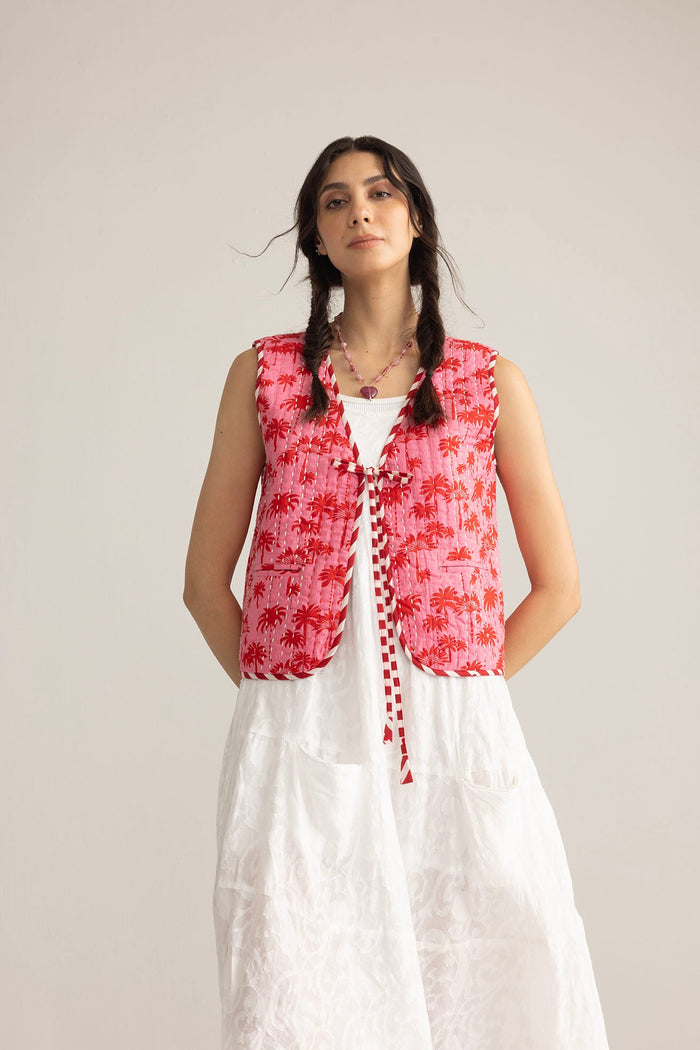 Myra USA Bohera Sunset Palms cotton jacket in blush pink, featuring palm leaf print and a casual, lightweight design.
