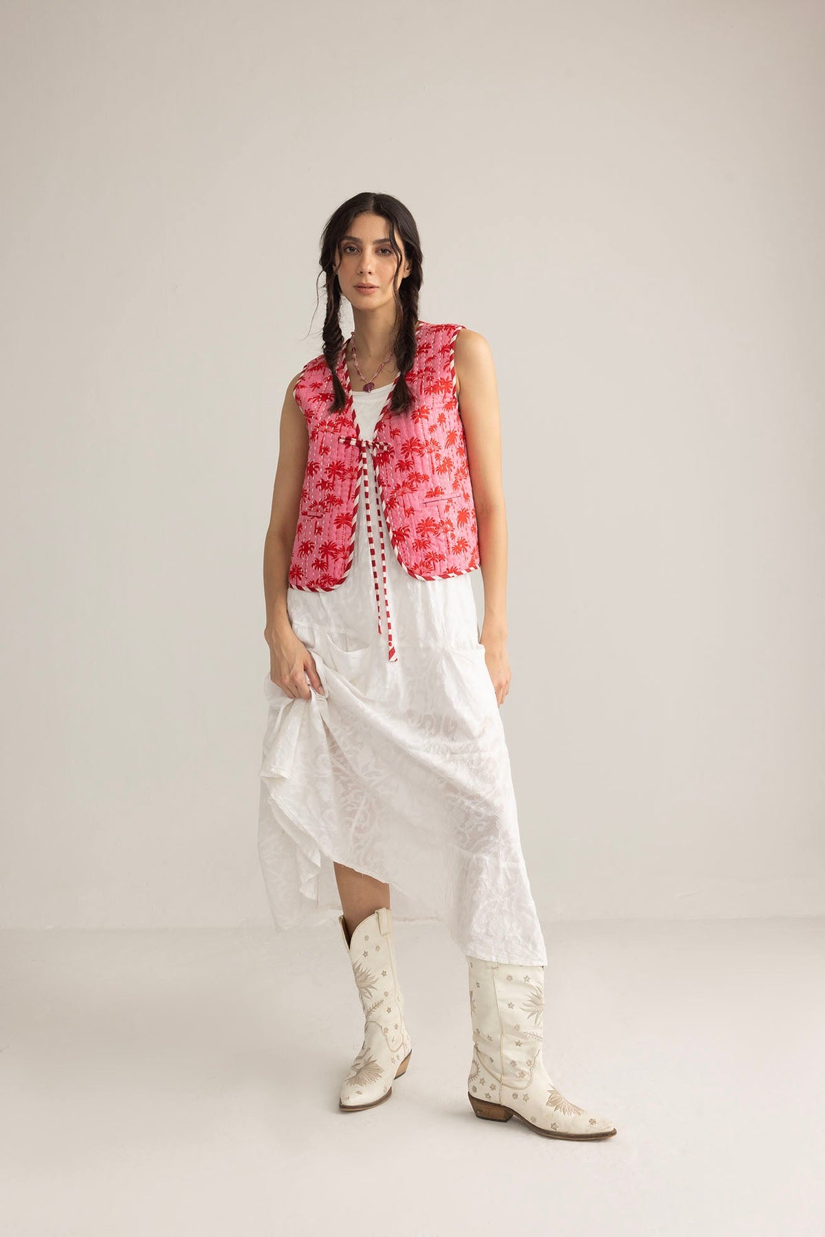Myra USA Bohera Sunset Palms cotton jacket in blush pink, featuring palm leaf patterns and a stylish, lightweight design.