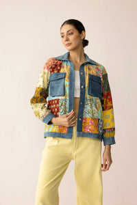 Loretta's Wild Patchwork Jacket in painted denim, stylish jacket with colorful patchwork design, by Myra USA.