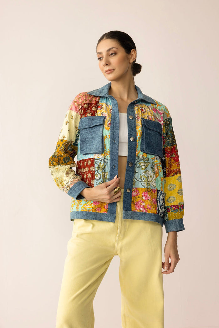 Loretta's Wild Patchwork Jacket in painted denim, stylish jacket with colorful patchwork design, by Myra USA.