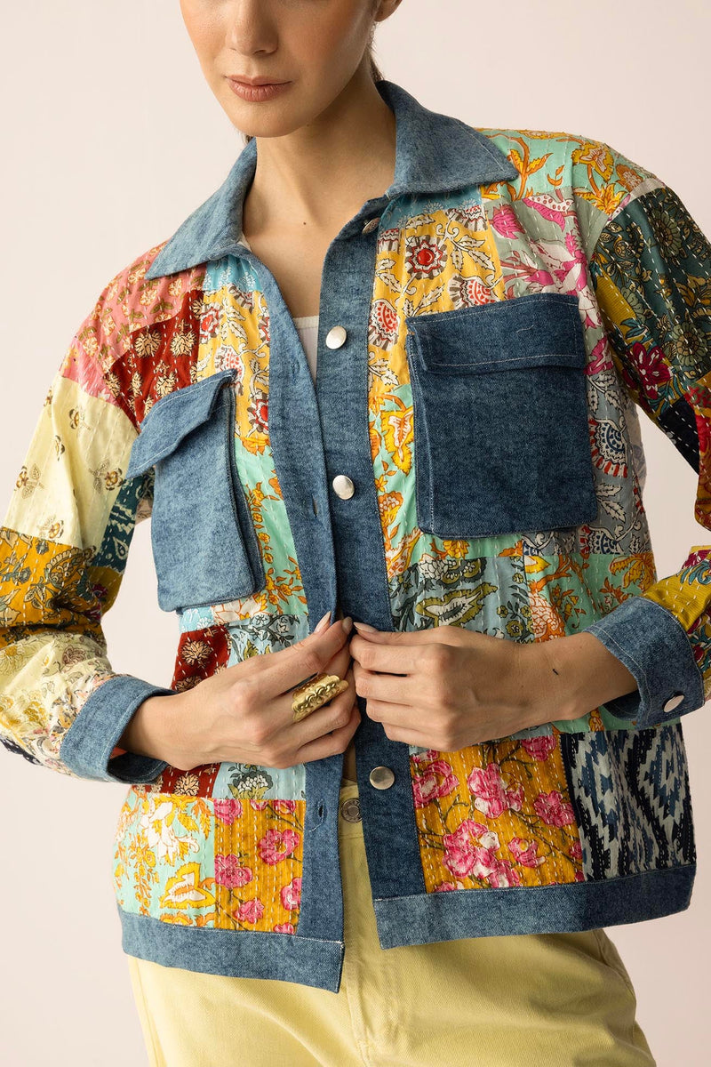 Loretta's Wild Patchwork Jacket in painted denim by Myra USA, featuring colorful patchwork design and denim fabric.