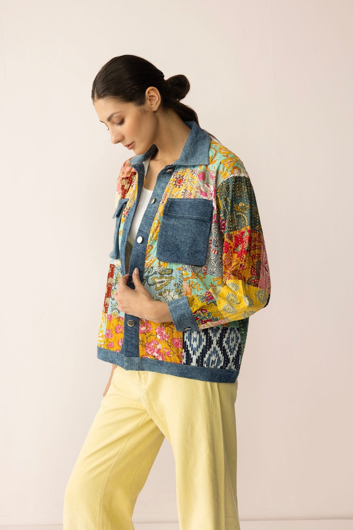 Myra USA Loretta's Wild Patchwork Jacket in painted denim featuring colorful patchwork design and classic jacket style.