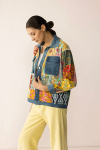 Myra USA Loretta's Wild Patchwork Jacket in painted denim featuring colorful patchwork design and classic jacket style.