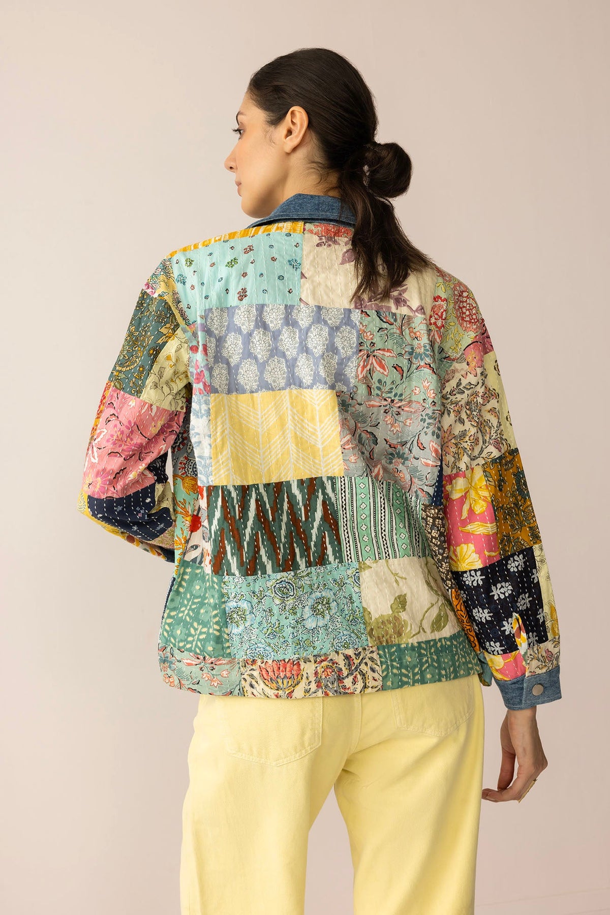 Loretta's Wild Patchwork Denim Jacket by Myra USA featuring colorful painted denim and intricate patchwork design.