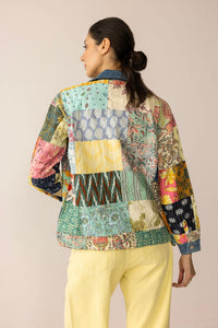 Loretta's Wild Patchwork Denim Jacket by Myra USA featuring colorful painted denim and intricate patchwork design.