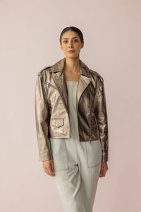 Astrid Shimmer Leather Jacket in Cosmic Silver by Myra USA, with a sleek metallic leather finish and stylish design.
