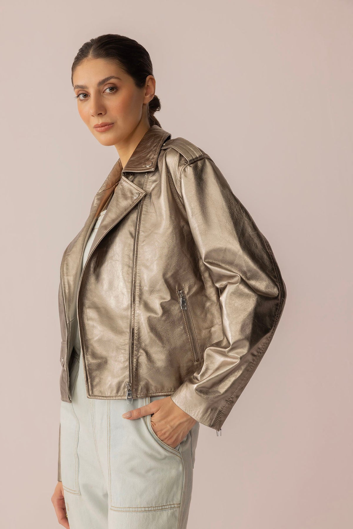 Myra USA Astrid Shimmer Leather Jacket in cosmic silver, small size, featuring a stylish metallic leather finish.