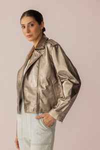 Myra USA Astrid Shimmer Leather Jacket in cosmic silver, small size, featuring a stylish metallic leather finish.
