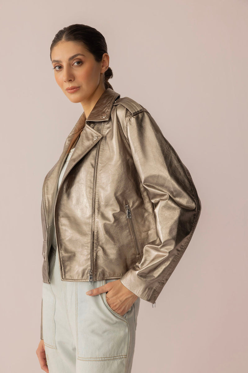 Myra USA Astrid Shimmer Leather Jacket in cosmic silver, small size, featuring a stylish metallic leather finish.