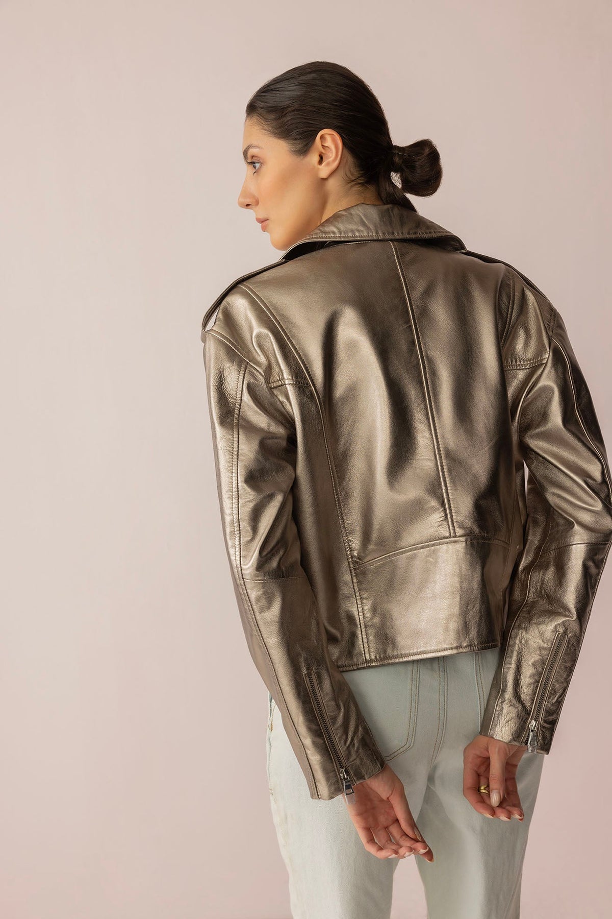 Astrid Shimmer Leather Jacket in Cosmic Silver by Myra USA, small size, featuring a shiny metallic finish and stylish design.