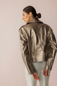 Astrid Shimmer Leather Jacket in Cosmic Silver by Myra USA, small size, featuring a shiny metallic finish and stylish design.