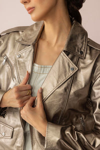 Astrid Shimmer Leather Jacket in Cosmic Silver by Myra USA, small size, featuring a shiny, metallic finish on a stylish leather jacket.
