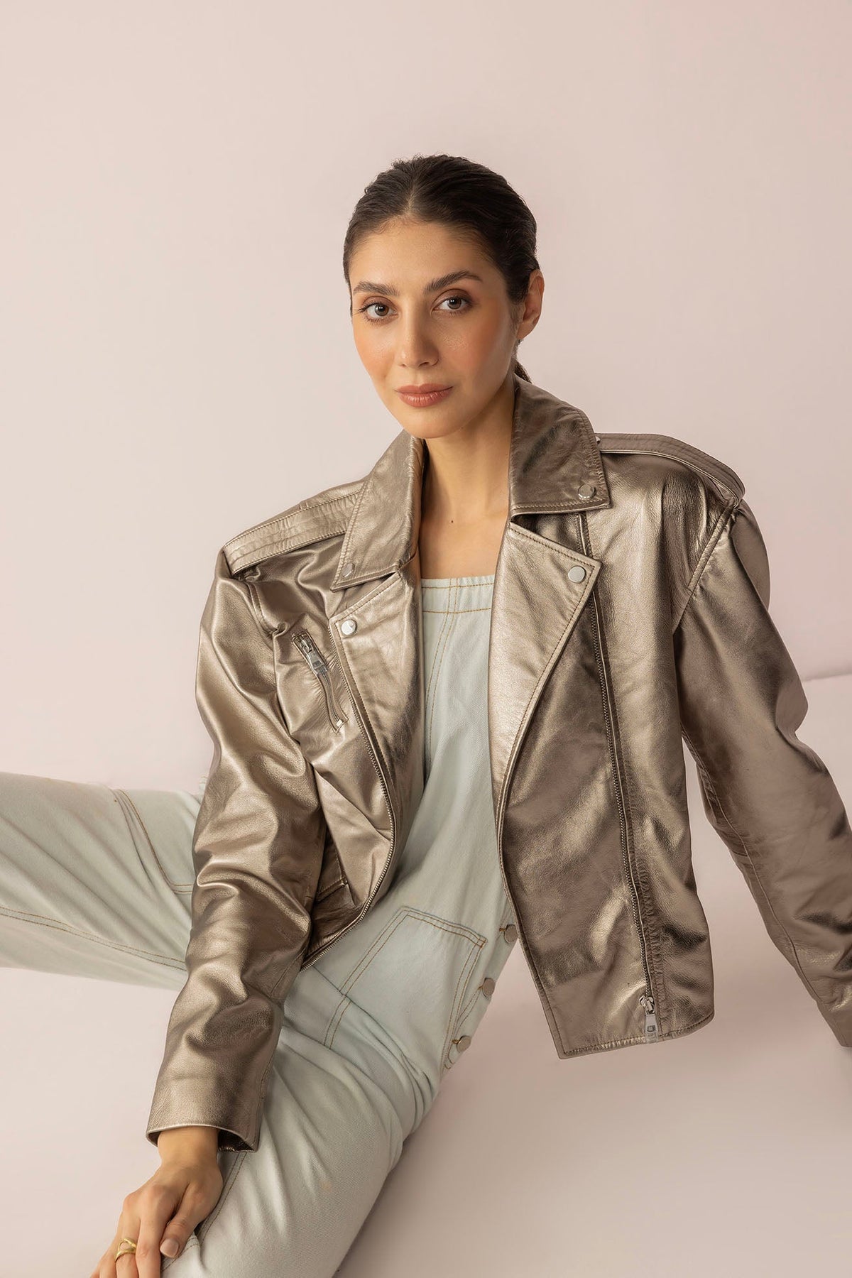 Astrid Shimmer Leather Jacket in Cosmic Silver by Myra USA, showcasing a sleek silver leather jacket with a shimmering finish.