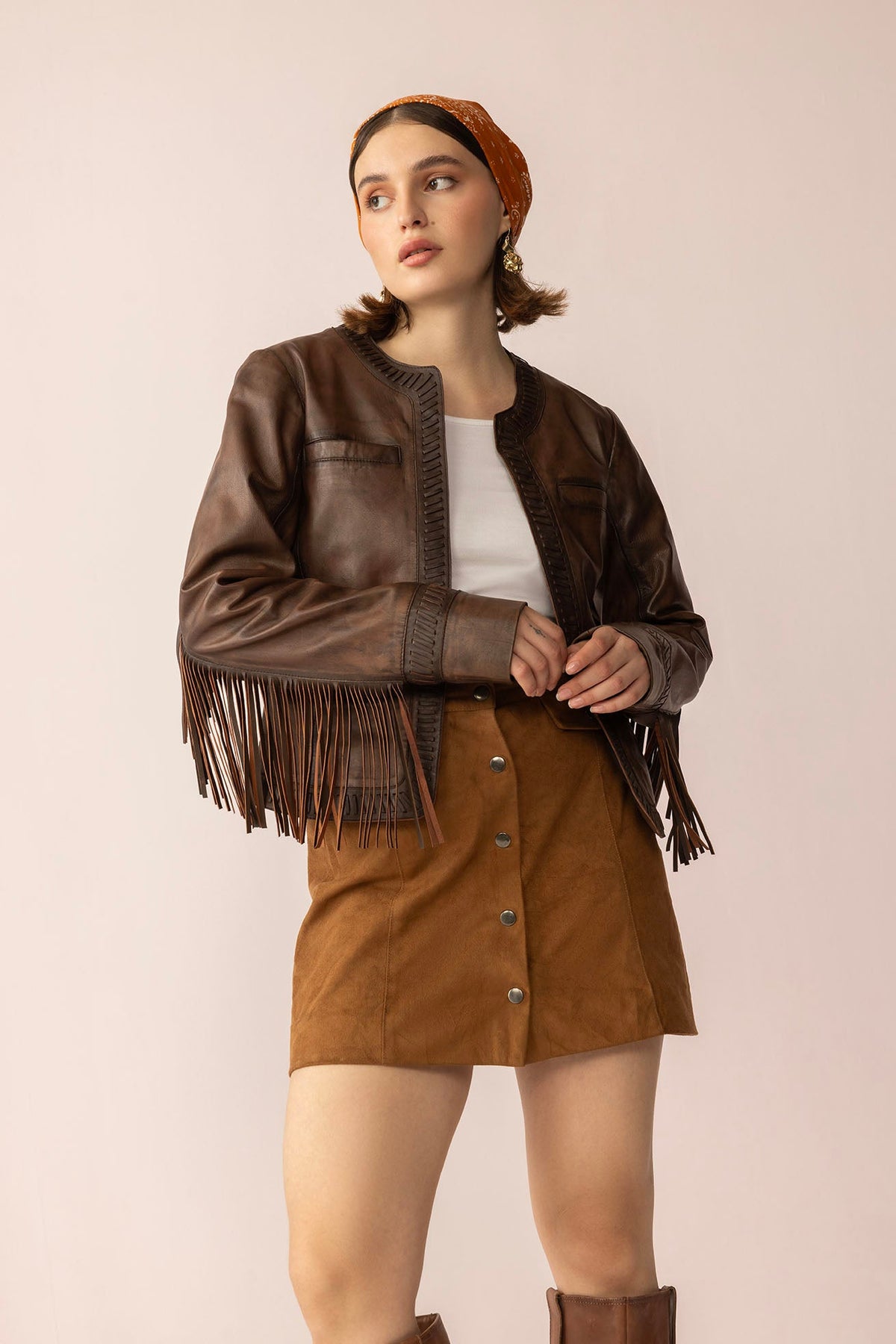 Myra USA The Outlaw Edit leather jacket in dusk brown, showing front view with stylish collar and detailed stitching.