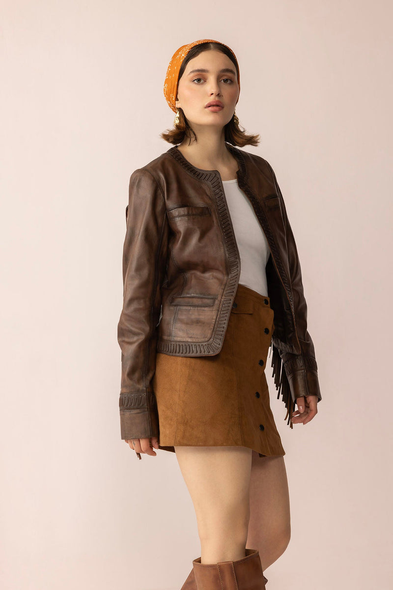 Myra USA The Outlaw Edit leather jacket in Dusk Brown, showcasing a stylish brown leather jacket with detailed stitching and a classic fit.