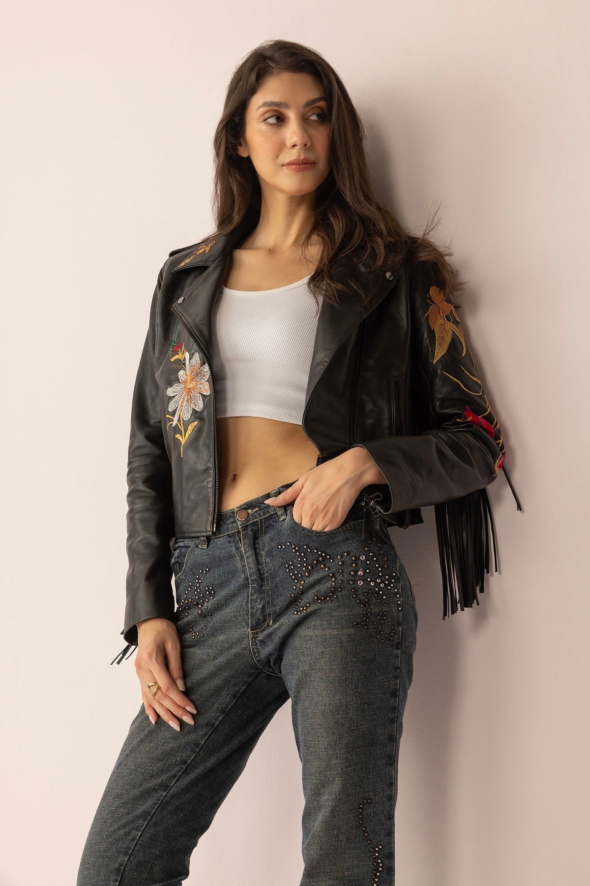 Myra USA Thorn & Thunder Leather Jacket in Ink Bloom color, close-up of stylish leather jacket with detailed stitching.