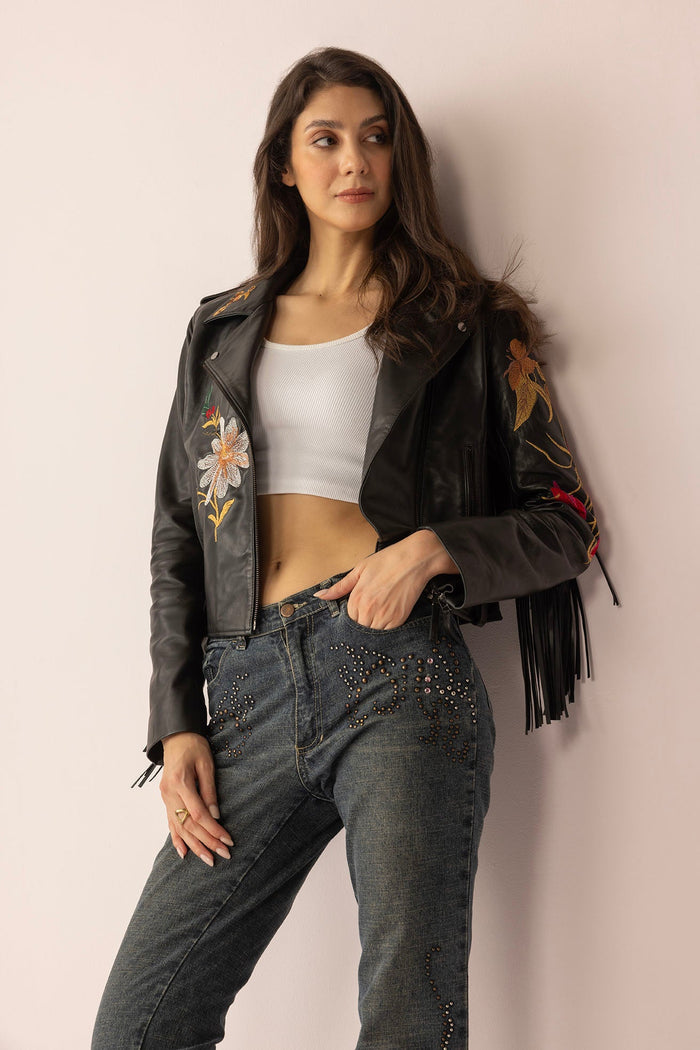 Myra USA Thorn & Thunder Leather Jacket in Ink Bloom color, close-up of stylish leather jacket with detailed stitching.