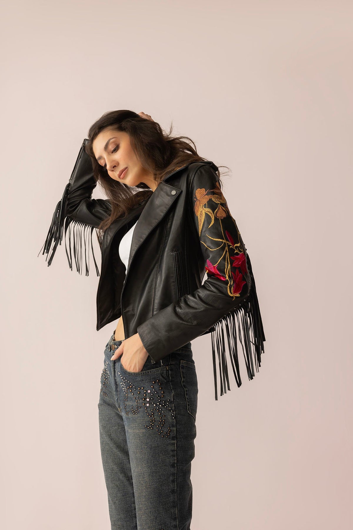 Myra USA Thorn & Thunder Leather Jacket in Ink Bloom, stylish black leather jacket with detailed stitching and a modern fit.