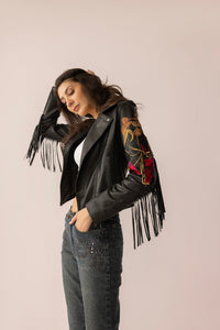 Myra USA Thorn & Thunder Leather Jacket in Ink Bloom, stylish black leather jacket with detailed stitching and a modern fit.