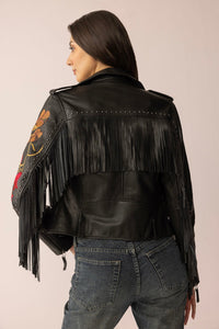 Myra USA Thorn & Thunder Leather Jacket in Ink Bloom with detailed stitching and stylish design, displayed on a hanger.