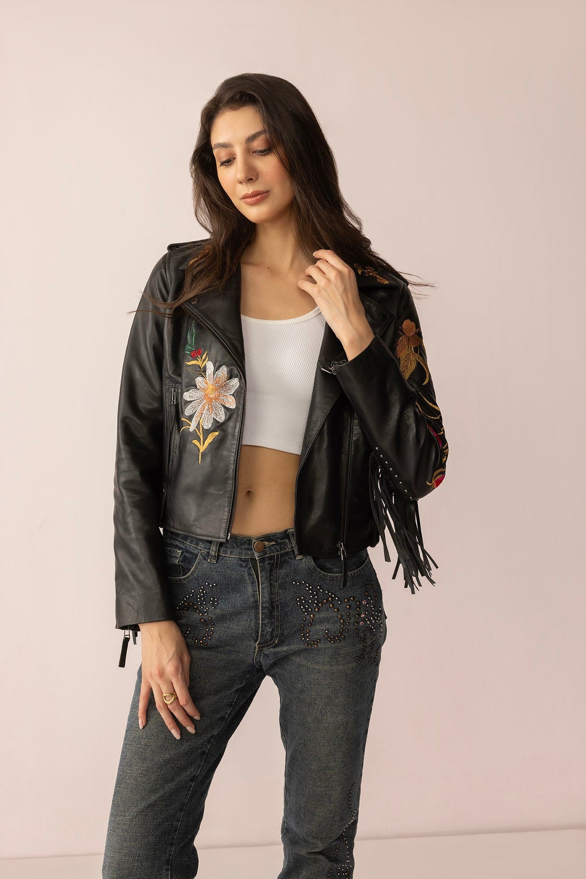 Myra USA Thorn & Thunder Leather Jacket in Ink Bloom color, close-up view of the stylish leather jacket with detailed stitching.