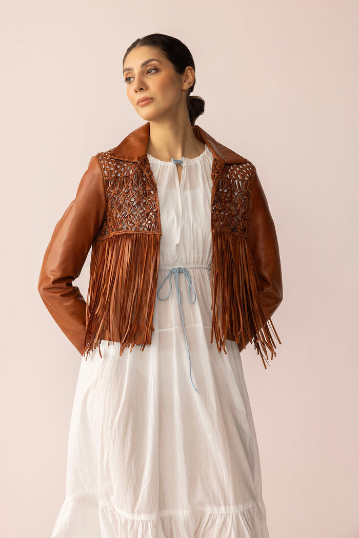 Myra USA Boheme Braids Leather Jacket in Maple Brown, featuring detailed braids and a stylish fit.