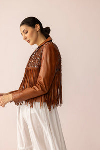 Myra USA Boheme Braids Leather Jacket in Maple Brown showcasing detailed braid accents and classic leather design.