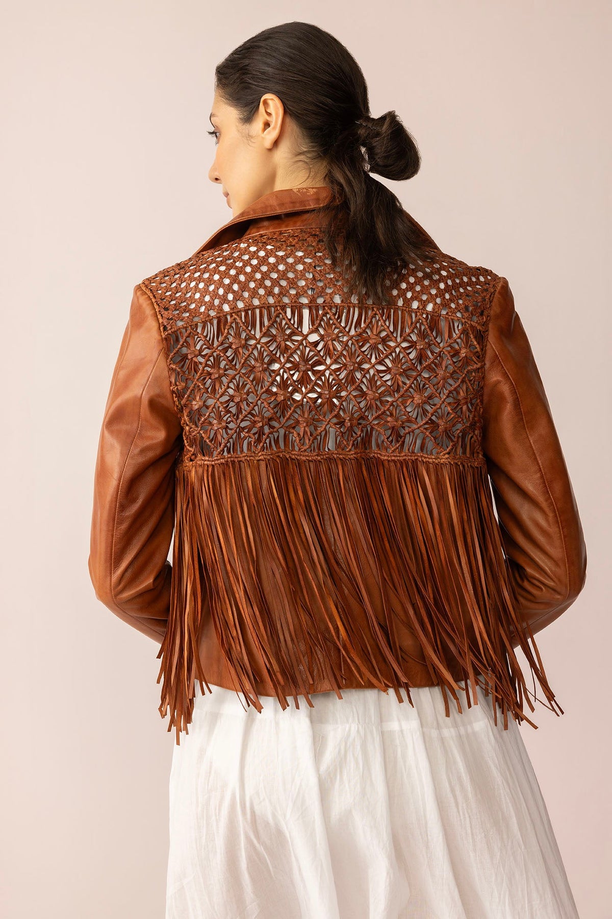 Myra USA Boheme Braids Leather Jacket in Maple Brown with detailed braid accents and classic leather design.