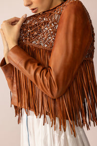 Myra USA Boheme Braids Leather Jacket in Maple Brown, close-up of stylish leather jacket with braided details and classic fit.