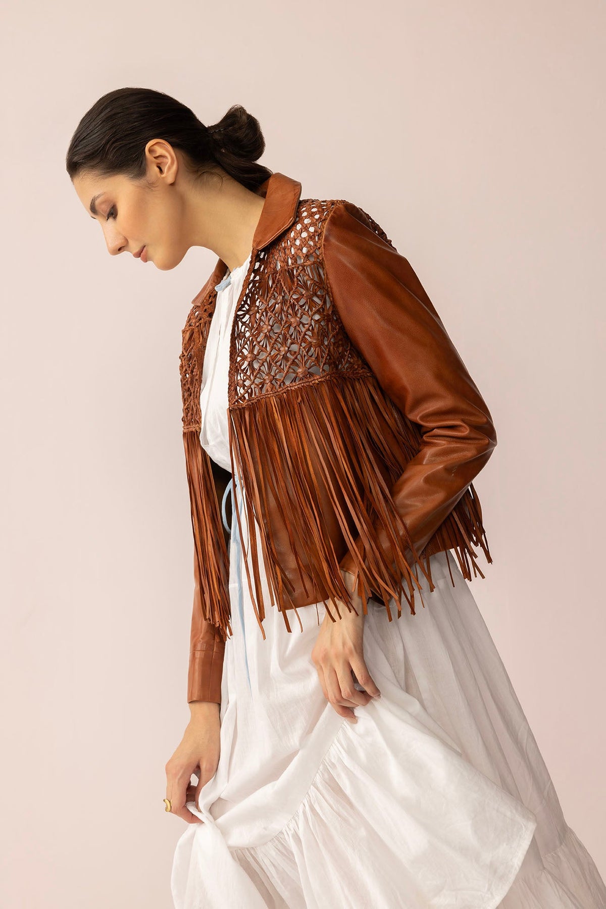 Myra USA Boheme Braids Leather Jacket in Maple Brown featuring stylish braided details and classic leather design.