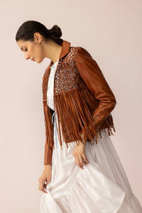 Myra USA Boheme Braids Leather Jacket in Maple Brown featuring stylish braided details and classic leather design.