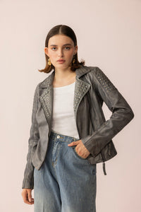 Myra USA Shadow Storm Leather Jacket in Moon Grey, shown in small size, featuring sleek leather design and stylish collar.