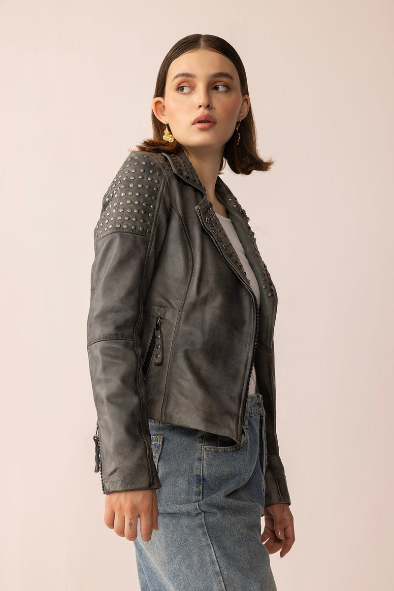 Myra USA Shadow Storm Leather Jacket in Moon Grey, showing the stylish leather jacket with a sleek fit and detailed stitching.