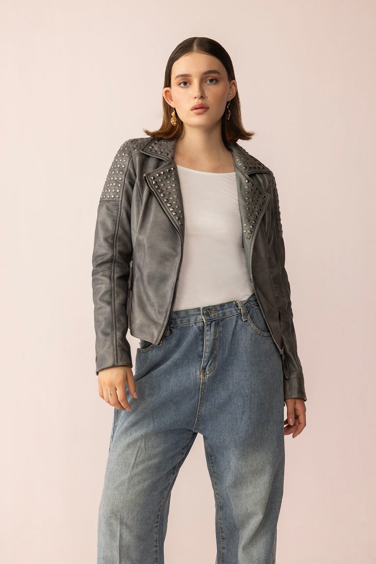 Shadow Storm Leather Jacket in Moon Grey by Myra USA, close-up showing sleek leather and stylish design details.
