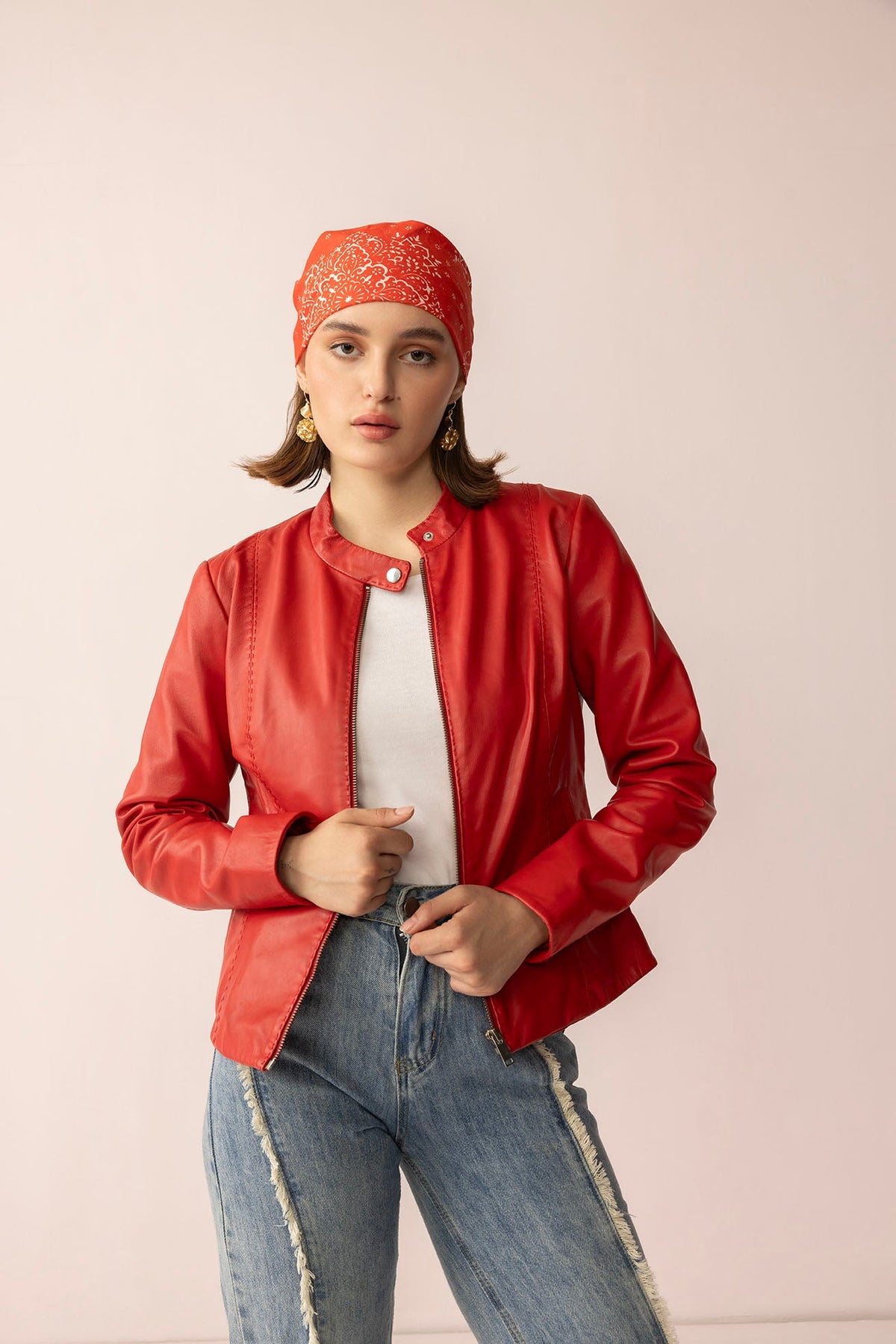 Myra USA Fireline Femme Leather Jacket in Red Ember, showcasing a stylish women's leather jacket with a sleek fit and vibrant color.