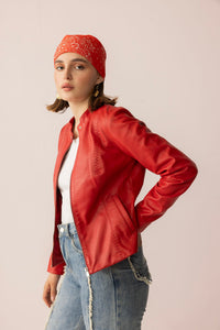 Myra USA Fireline Femme Leather Jacket in Red Ember, stylish women's red leather jacket with sleek design and premium craftsmanship.