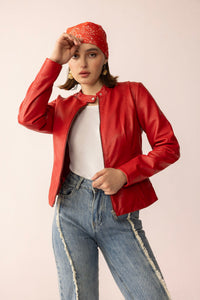 Myra USA Fireline Femme Leather Jacket in Red Ember, stylish fitted leather jacket with a sleek design and vibrant red color.