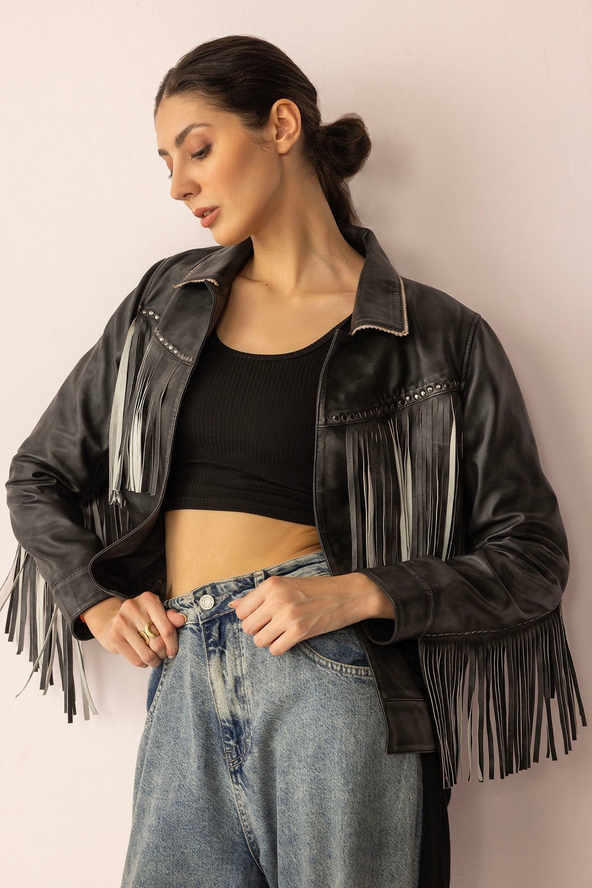 Shadow black Midnight Maverick leather jacket by Myra USA, showcasing a sleek, fitted leather jacket with detailed stitching.
