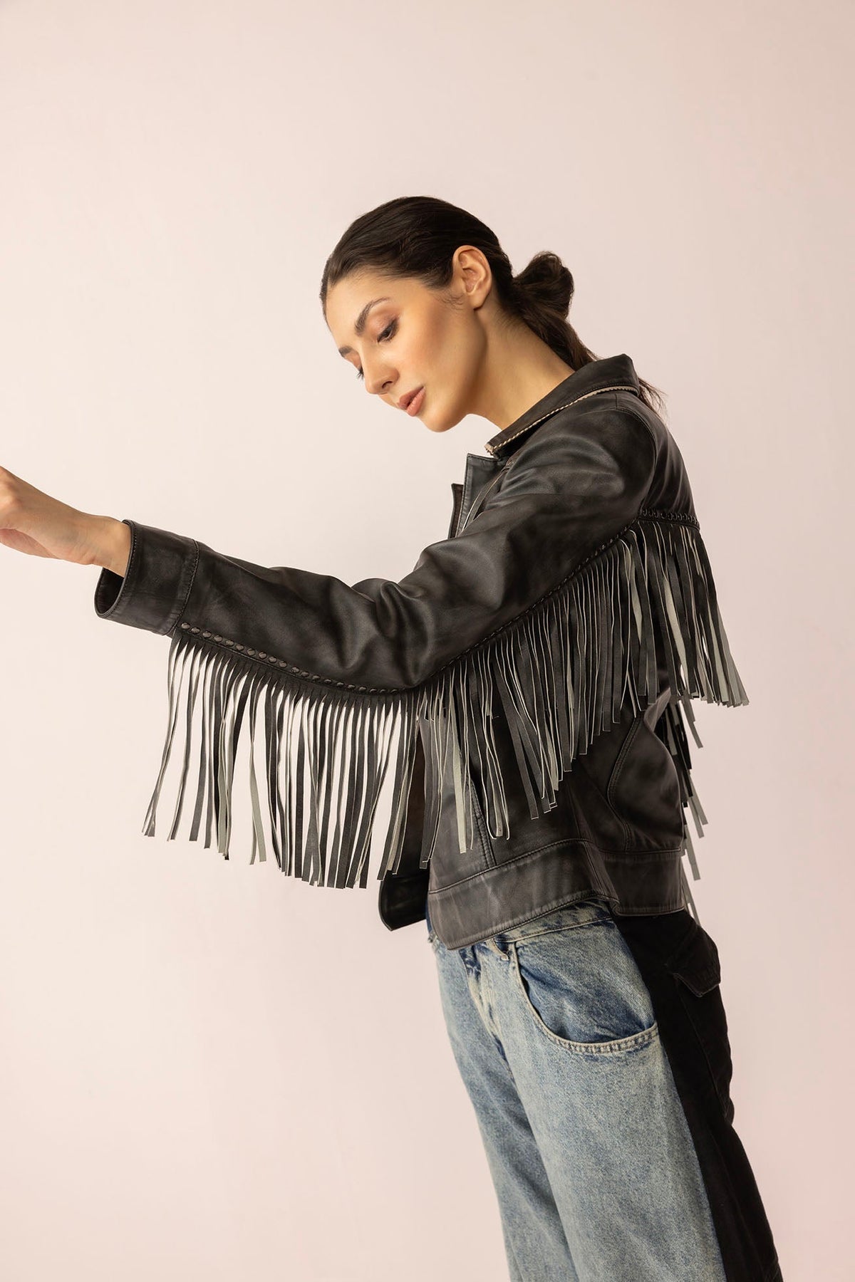 Myra USA Midnight Maverick leather jacket in shadow black, featuring a sleek design and durable leather construction.