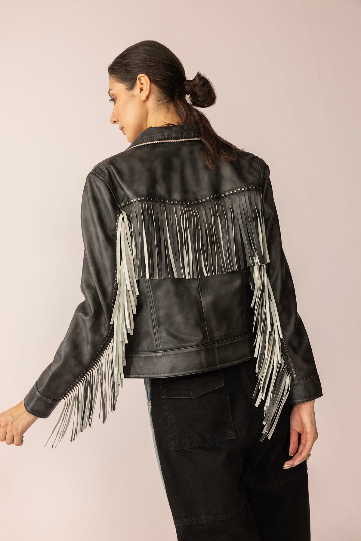 Myra USA Midnight Maverick leather jacket in shadow black, showcasing a sleek, fitted design with detailed stitching and collar.