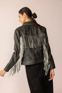 Myra USA Midnight Maverick leather jacket in shadow black, showcasing a sleek, fitted design with detailed stitching and collar.