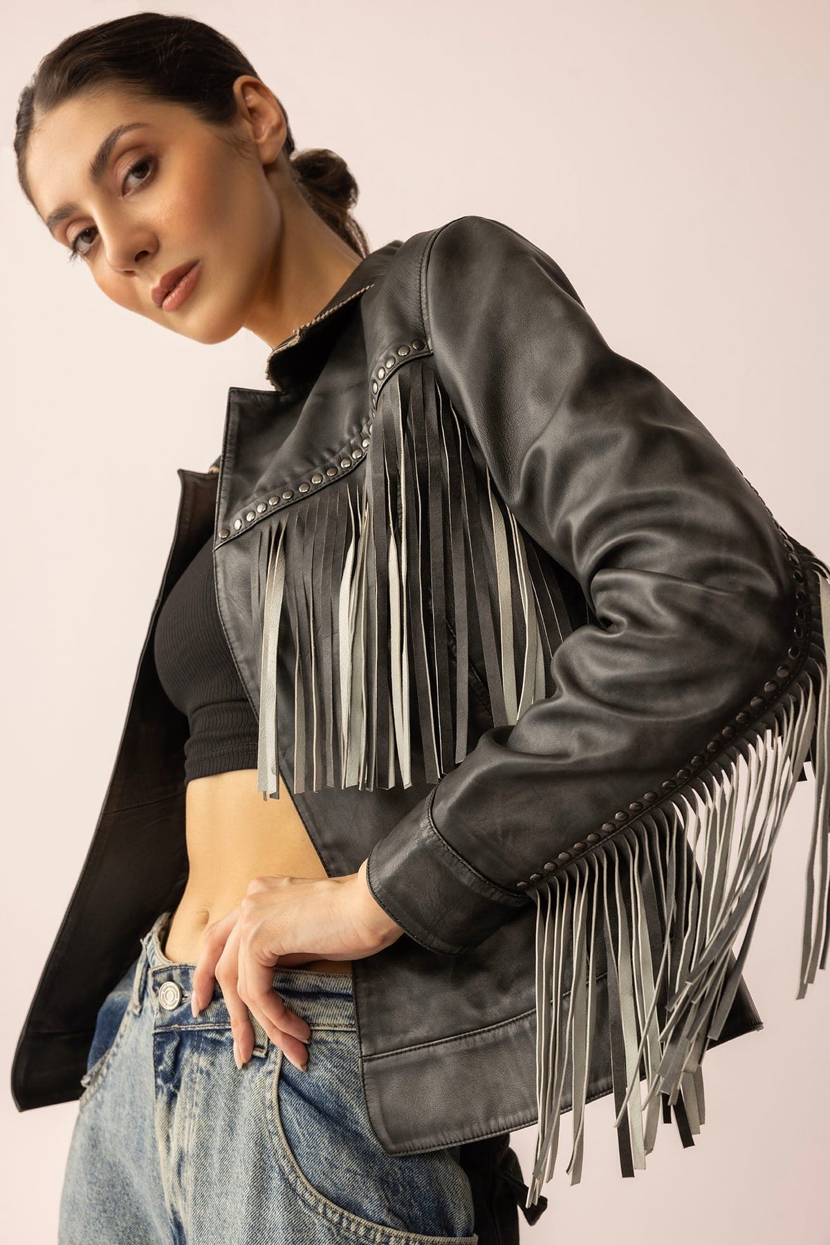 Myra USA Midnight Maverick Leather Jacket in Shadow Black, close-up view of the stylish black leather jacket with sleek design.