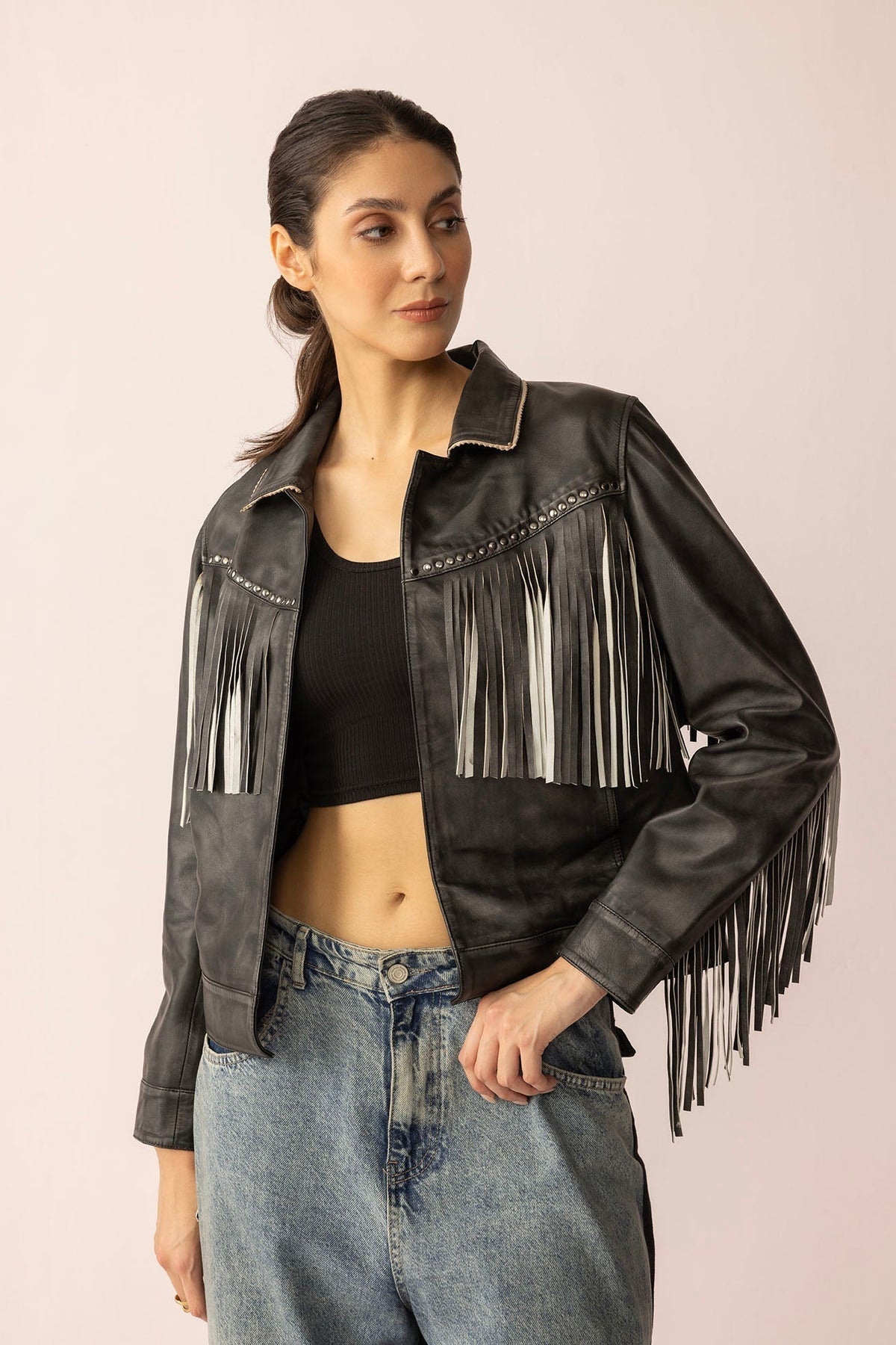 Myra USA Midnight Maverick leather jacket in shadow black, stylish men's leather jacket with a sleek fit and smooth texture.